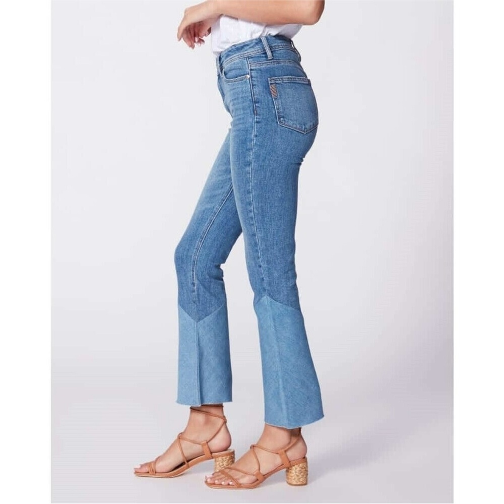 PAIGE Denim Colette Crop Flare Twisted Panel Raw Hem Jeans Size 24 - Picture 5 of 13